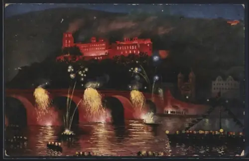 AK Heidelberg, Schlossbeleuchtung, Alte Brücke, Feuerwerk