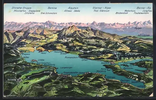 AK Friedrichshafen /B., Panorama mit Lindau, Bregenz und den Alpen