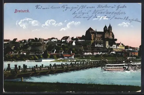 AK Breisach, Münster, Rheinbrücke, Dampfschiff