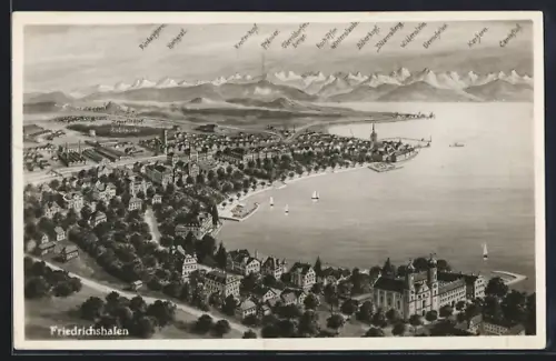 AK Friedrichshafen, Stadtansicht, Bodensee, Alpenpanorama