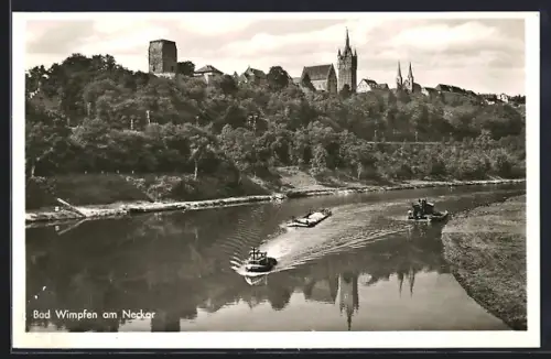 AK Bad Wimpfen am Neckar, Stadtansicht mit Neckar, Burgruine und Kirche