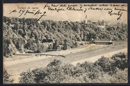 AK Pullach im Isartal, Panoramaansicht mit Isar und Ortsansicht