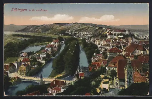 AK Tübingen a. N., Ansicht von Osten, Neckar, Altstadt, Schloss