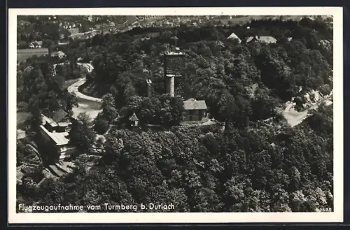 AK Durlach, Flugzeugaufnahme vom Turmberg mit Restaurant Friedrichshöhe, Bes. A. Münzer
