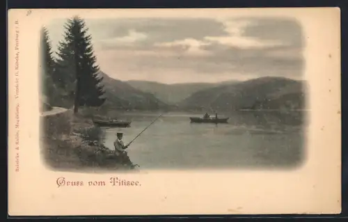 AK Titisee, Angler am Ufer, Ruderboote auf dem See
