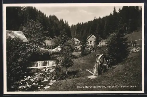 AK Höllental i. Schwarzwald, Obere Ravennaschlucht, Wasserrad, Mühle, Waldlandschaft