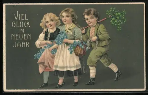 AK Kinder sammeln Vergissmeinnicht und Hufeisen zum Neuen Jahr