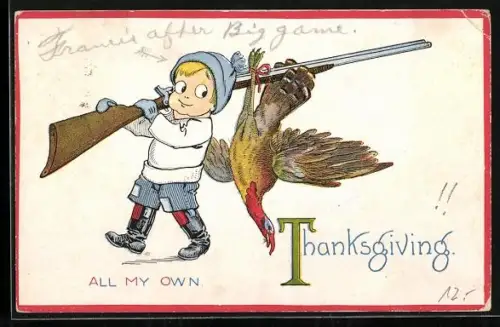 Künstler-AK Junge hat einen Truthahn erlegt, Thanksgiving
