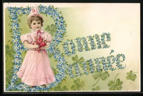 Präge-AK Mädchen mit Kleeblättern und Schriftzug aus Vergissmeinnicht Bonne année