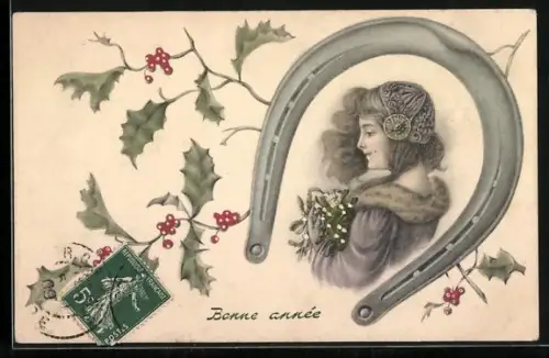 AK Junge Frau gerahmt von Hufeisen, Bonne année