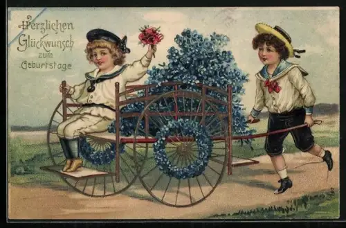Präge-AK Kinder mit einem Wagen voller Vergissmeinnicht, Glückwunsch zum Geburtstag