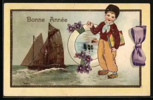 Präge-AK Holländischer Junge mit Segelboot und Rettungsring, Bonne Année