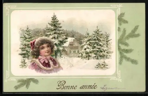 AK Mädchen vor verschneitem Wald, Passepartout mit Tannenzweig, Bonne Année
