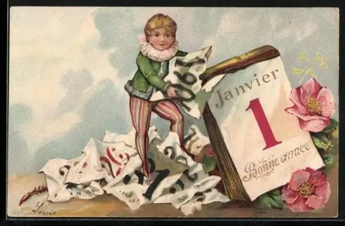Präge-AK Prosit Neujahr, Knabe mit Kalender, Januar 1