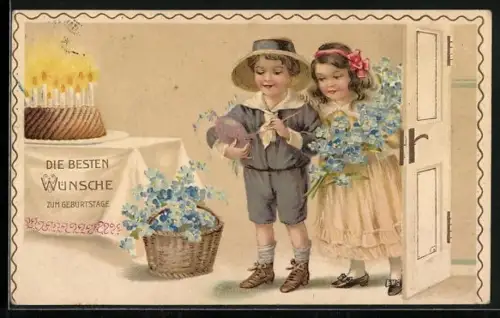 AK Kleine Gratulanten mit Vergissmeinnicht und Kuchen, Glückwunsch zum Geburtstag
