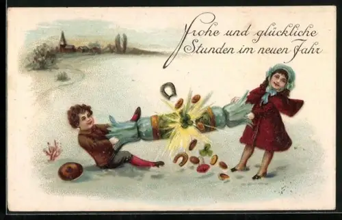 Präge-AK Hufeisen und Kleeblätter fallen aus einem Knallbonbon, Neujahrsgruss