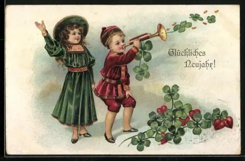 Präge-AK Kleeblätter fliegen aus der Trompete eines Jungen, Glückliches Neujahr
