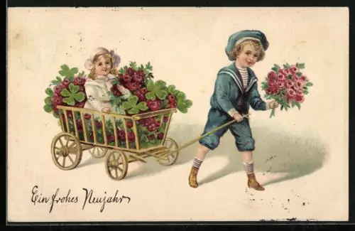Präge-AK Junge zieht einen Blumenkarren mit einem Mädchen und Kleeblättern darin, Neujahr
