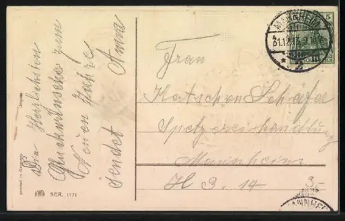 Präge-AK Junge zieht einen Blumenkarren mit einem Mädchen und Kleeblättern darin, Neujahr