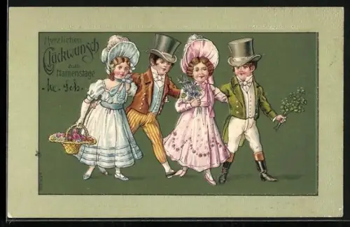 Präge-AK Zwei kleine Paare mit Blumensträussen, Namenstag