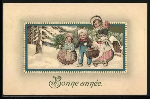 Präge-AK Mutter mit Kindern im Schnee, Bonne année