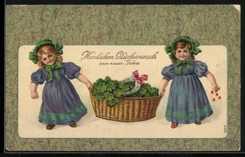 AK Glückwünsche zum neuen Jahre, Mädchen mit Korb voller Klee