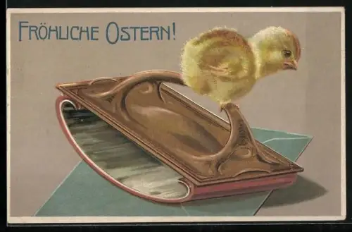 Präge-AK Osterküken auf einem Schreibtisch, Fröhliche Ostern
