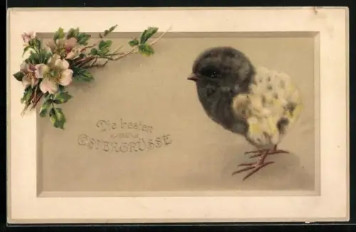 AK Osterküken mit Wildrosen-Zweig