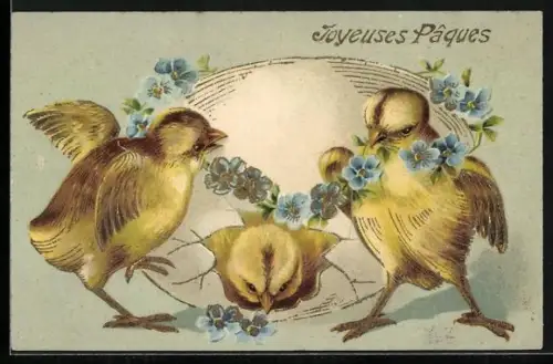 Präge-AK Osterküken schmücken ein Osterei mit Vergissmeinnicht