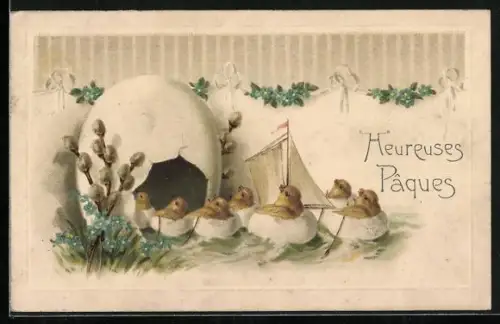 Präge-AK Osterküken fahren in Booten aus Eierschalen, Heureuses Pâques