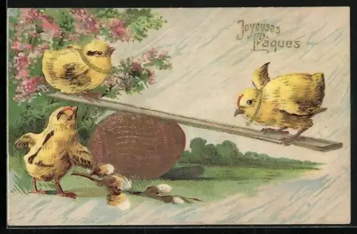 AK Osterküken auf einer Wippe, Joyeuses Pâques