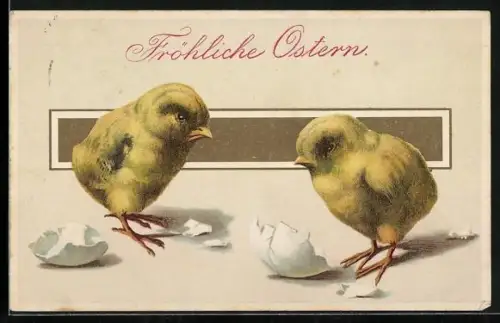 AK Zwei Osterküken inmitten von Eierschalen, Fröhliche Ostern