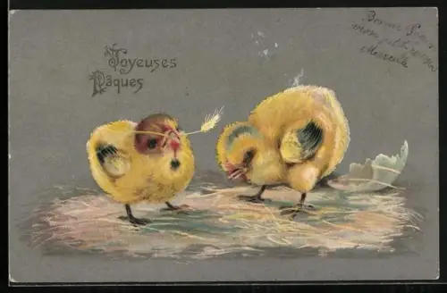 AK Zwei Osterküken im Stroh, Joyeuses Pâques