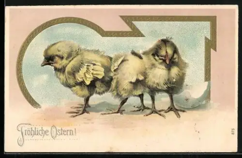 Präge-AK Zwei Osterküken in goldenem Rahmen, Fröhliche Ostern
