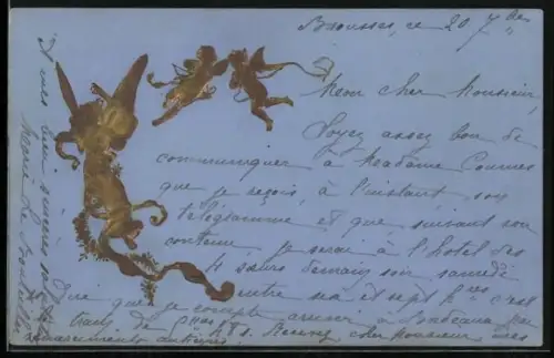 Präge-AK Amor zielt mit einem Pfeil auf eine Elfe