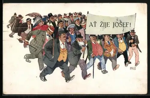 AK Namenstag, Gruppe marschiert mit Schile At Zije Josef