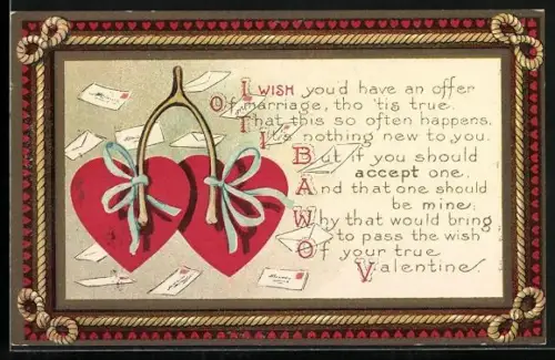 Präge-AK Zwei Herzen und inmitten von Liebesbriefen, Valentinstag