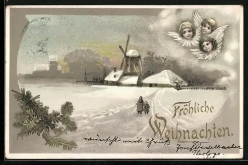 AK Weihnachtsengel über einer verschneiten Windmühle