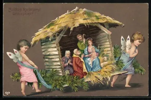 Präge-AK Kleine Weihnachtsengel tragen ein Krippenspiel