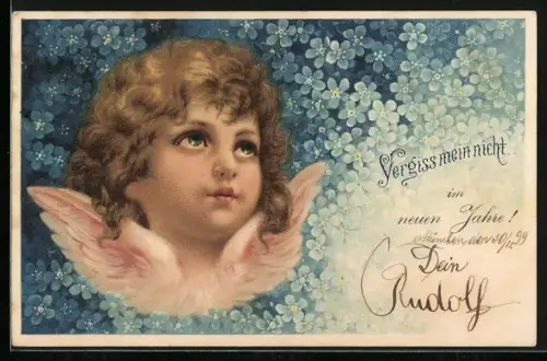 AK Kleiner Engel auf Hintergrund aus Vergissmeinnicht