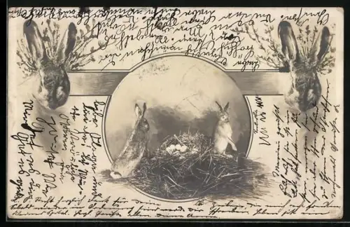 AK Osterhasen und ein Nest mit Ostereiern