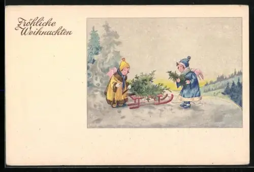 AK Zwei Weihnachtsengel mit Schlitten in verschneitem Wald
