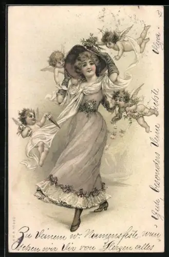 Lithographie Kleine Engel umschwirren junge Dame