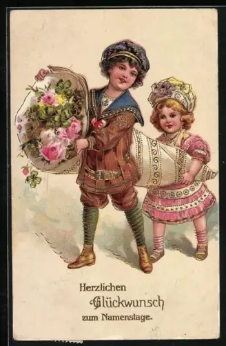 AK Zwei Kinder tragen einen riesigen Blumenstrauss, Herzlichen Glückwunsch zum Namenstag