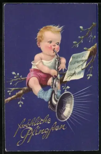 AK Baby spielt Musik auf einem Ast, Fröhliche Pfingsten