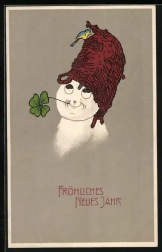 AK Schneemann mit einem Kleeblatt im Mund und einem Korb auf dem Kopf, Fröhliches Neues Jahr