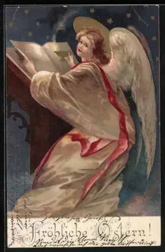 AK Osterengel mit Buch und Öllampe vor Sternenhimmel, Fröhliche Ostern