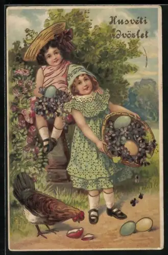 AK Zwei Kinder mit einem Korb voll Vergissmeinnicht und Ostereiern, Husveti udvözlet