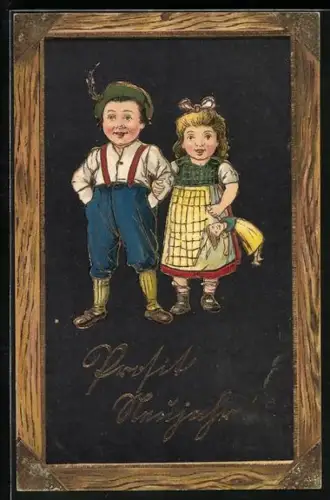 Präge-AK Zwei Kinder in einem Holzrahmen, Prosit Neujahr