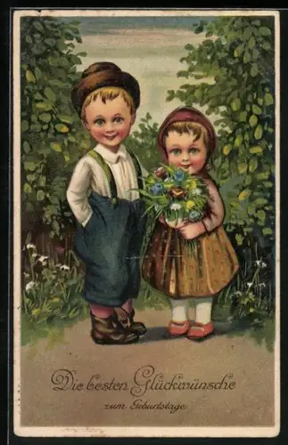 AK Zwei Kinder mit einem Blumenstrauss, Die besten Glückwünsche zum Geburtstag